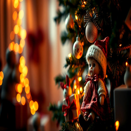 Little girl sitting on the Christmas tree with a gift box. Selective focus.の写真素材