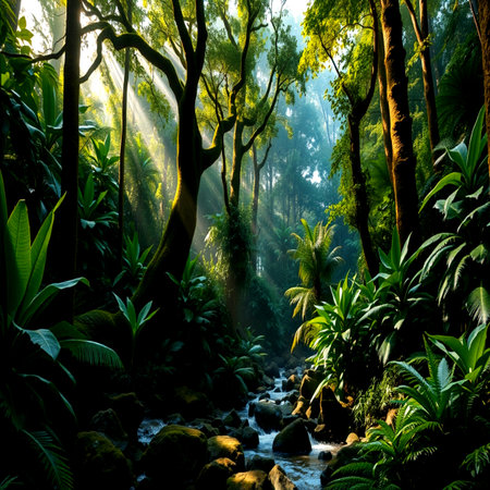 Tropical rainforest with stream and sunlight in the morning.の写真素材