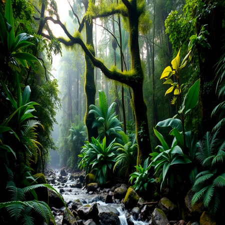 Beautiful tropical rainforest with a stream flowing through the jungle.の写真素材