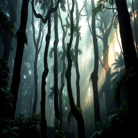 Tropical rainforest with fog in the morning. Nature backgroundの写真素材