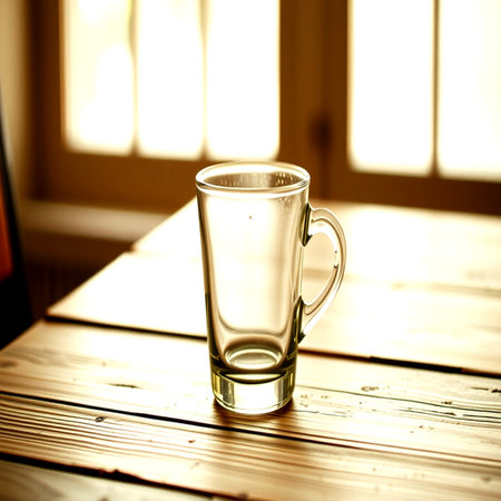 Empty glass cup on wooden table in coffee shop - vintage filter effectの写真素材