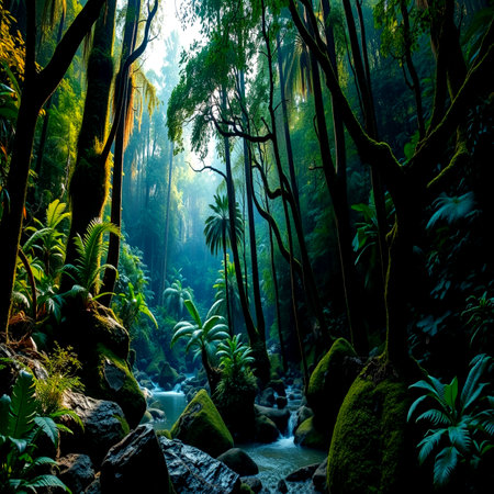 Beautiful tropical rainforest landscape with stream and green moss on rocksの写真素材