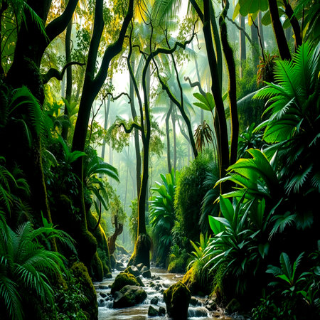 Tropical rainforest with a stream running through the jungle.の写真素材