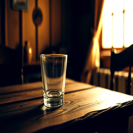 Empty glass on a wooden table. Toned.の写真素材