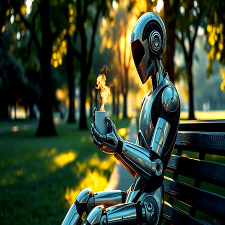 Robot holding a hot coffee cup in the park at sunset.の写真素材