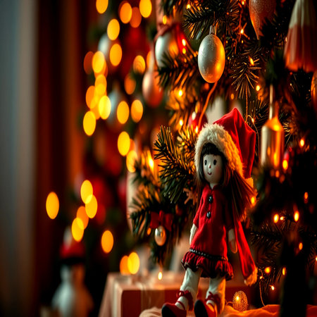 Little girl doll on the background of the Christmas tree with garlandsの写真素材