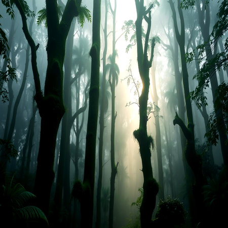 Tropical rainforest with sunbeams shining through the treesの写真素材