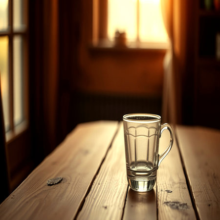Glass of water on a wooden table in a cafe. Selective focus.の写真素材
