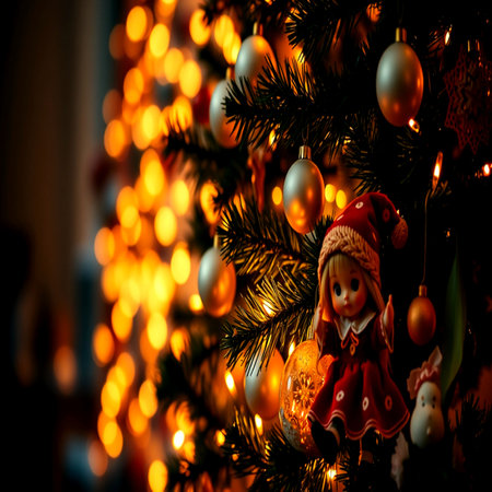 Christmas tree with toys on the background of a garland with bokehの写真素材