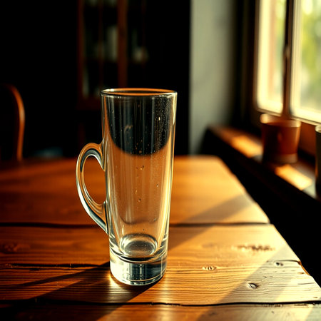 Glass of water on wooden table in cafe. Selective focus.の写真素材