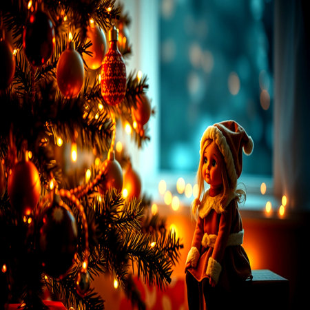 Little girl in a Santa Claus hat on the background of a Christmas tree.の写真素材