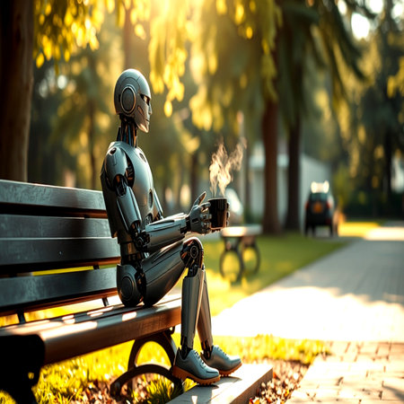 Robot sitting on the bench in the park at sunset. Technology and artificial intelligence concept.の写真素材