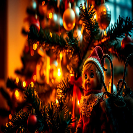 Christmas decoration with a doll on the background of the Christmas tree.の写真素材
