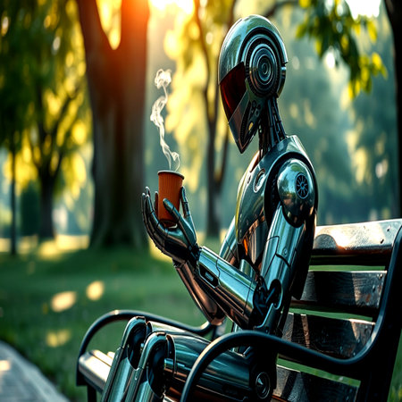 Robot sitting on a bench in the park with a cup of coffeeの写真素材