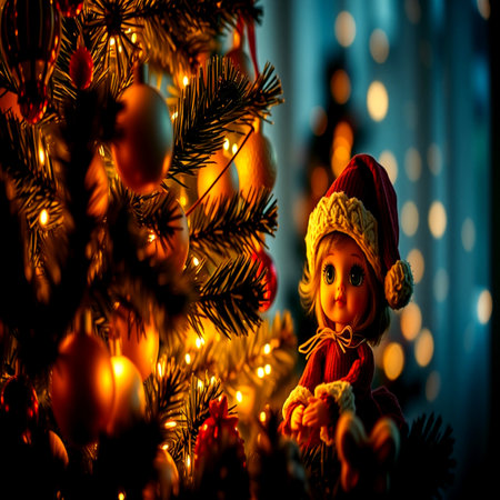 Christmas and New Year holidays background. Decorated Christmas tree and toys.の写真素材