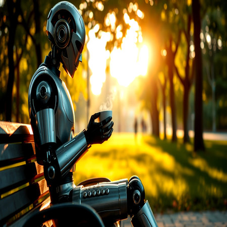 Robot sitting on a bench in the park and drinking coffee.の写真素材
