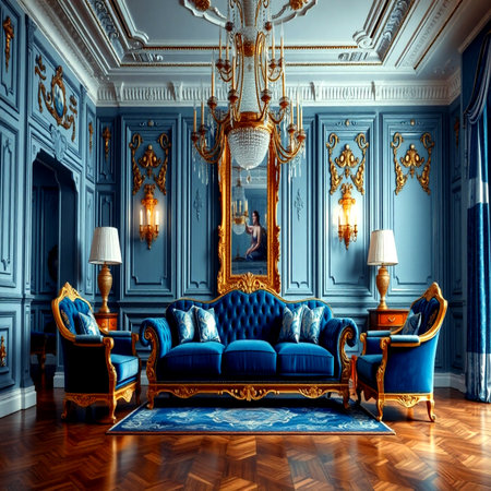Luxury classic interior of living room with blue walls, classic sofa and armchair. 3d renderの写真素材
