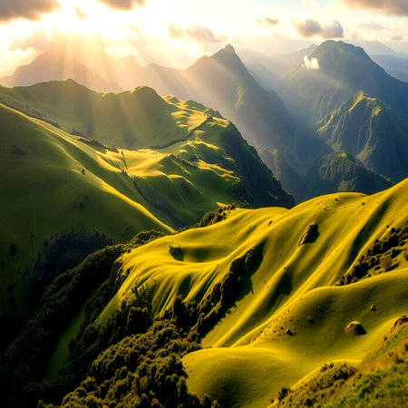 Beautiful sunset in the mountains. Summer landscape. Caucasus, Russia.の写真素材