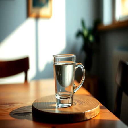 Glass of water on a wooden table in a cafe. Selective focus.の写真素材