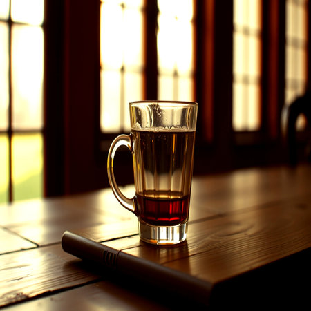 A glass of tea on a wooden table in front of the windowの写真素材