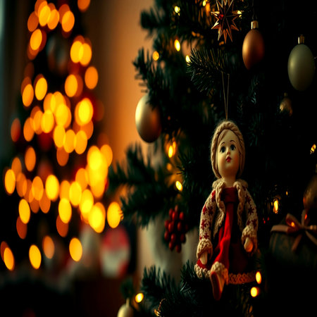Christmas tree with toys and bokeh in the background. Selective focus.の写真素材