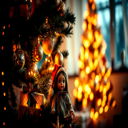 Little girl sitting on a Christmas tree with a garland in the backgroundの写真素材