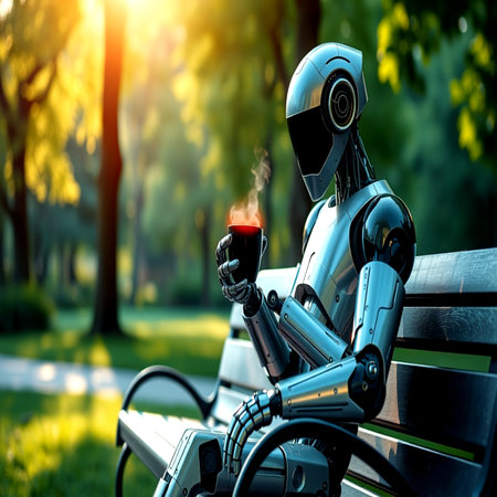 Robot sitting on a bench in the park. 3d rendering.の写真素材