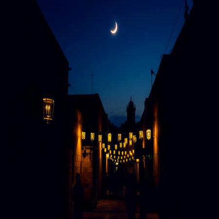 Crescent moon over the old town of Essaouira, Moroccoの写真素材