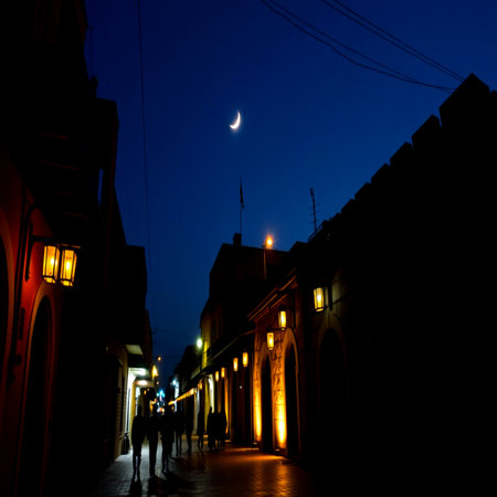 Silhouette of people walking in the old town at night.の写真素材