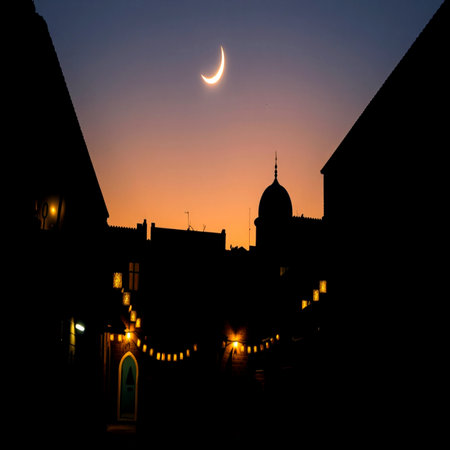 Beautiful sunset over the old city. Silhouette of a mosque.の写真素材