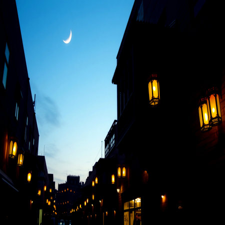 Night view of the streets. The moon in the sky.の写真素材
