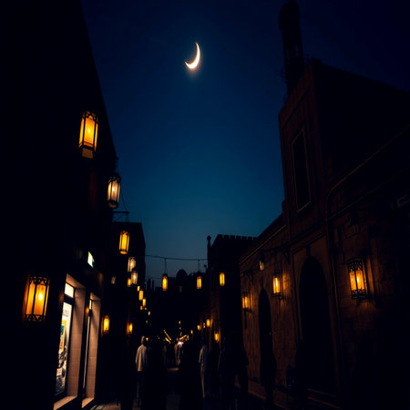 Night view of a street in the old city of Essaouira, Moroccoの写真素材