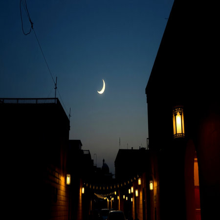 Crescent moon over the street at night in Istanbul, Turkey.の写真素材
