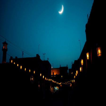 Night view of the mosque and the moon. Ramadan Kareem.の写真素材