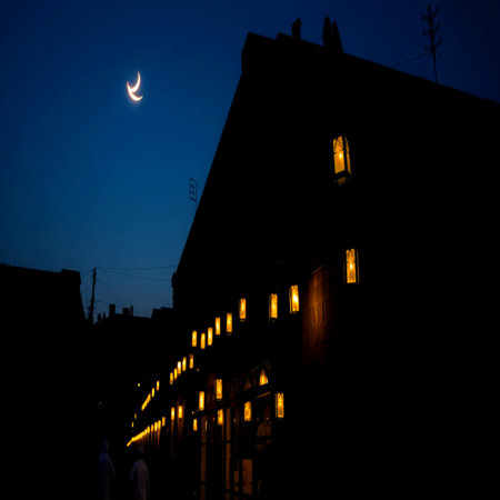 Houses in the old town of Riga at night, Latviaの写真素材