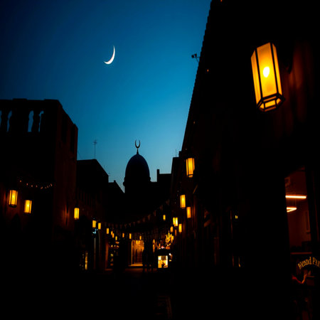 Ramadan Kareem background with mosque and crescent moon at night.の写真素材