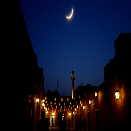 Mosque at night with a crescent moon in the background.の写真素材