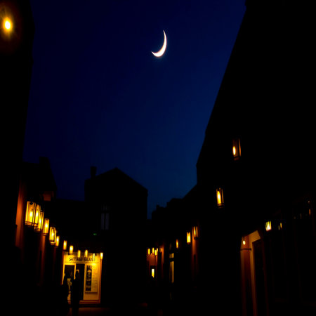 Night view of a street in the old city of Essaouira, Moroccoの写真素材