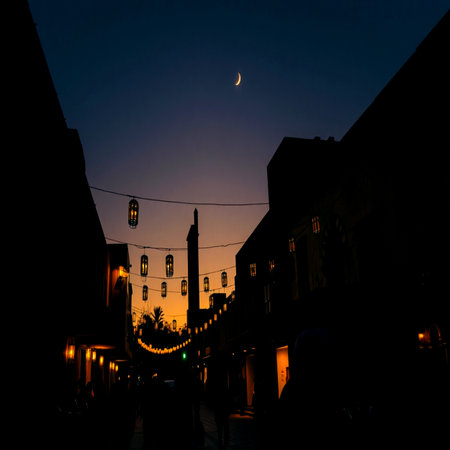 Silhouette of Muslim people walking on the street in the evening.の写真素材