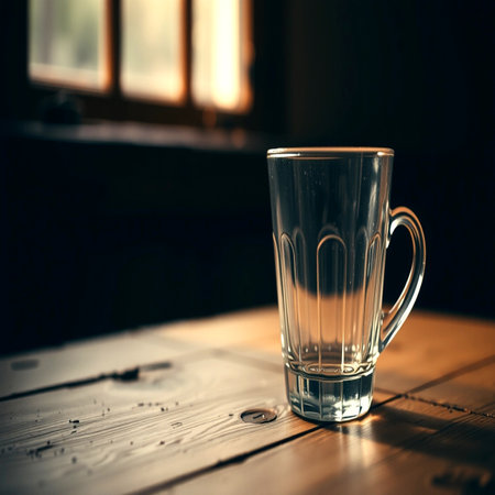 Glass of water on a wooden table in a cafe or restaurant.の写真素材