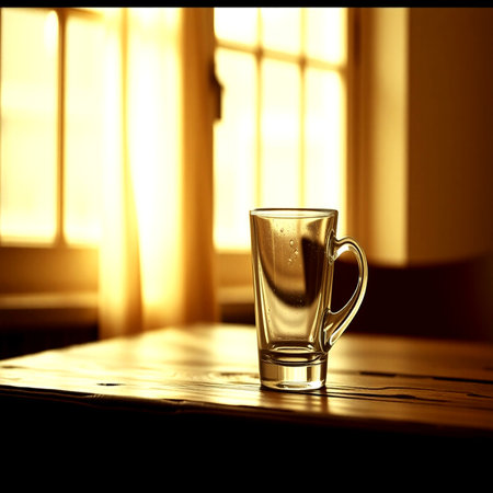 Glass of water on the table in the morning.の写真素材