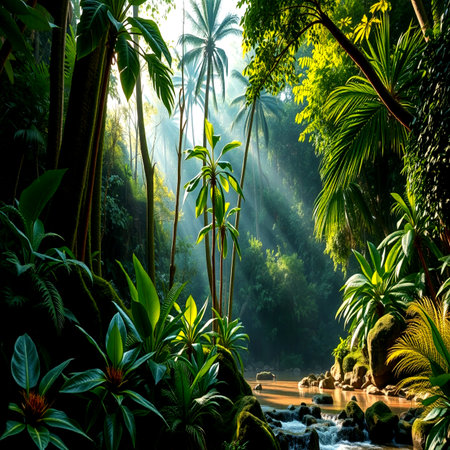 tropical rainforest with sun rays shining through palm trees and leavesの写真素材