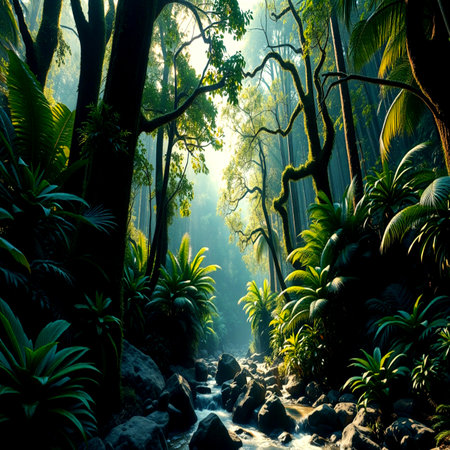 Tropical rainforest and stream in the morning. Nature backgroundの写真素材