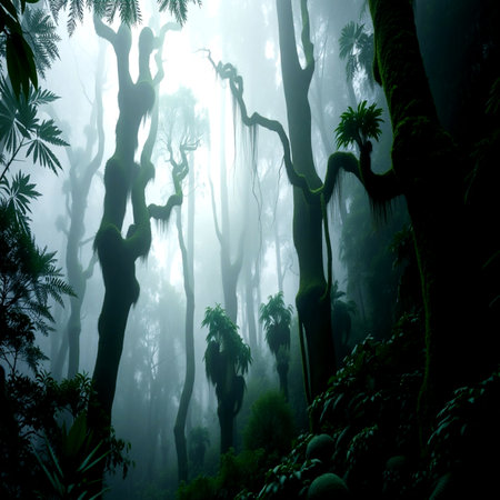 Tropical rainforest with fog and sunbeams in the morningの写真素材