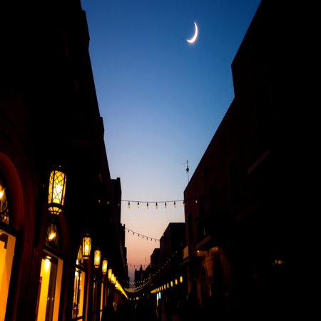Silhouette of a street at night with a crescent moonの写真素材