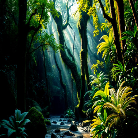 Tropical rainforest and stream with sun rays in the morningの写真素材