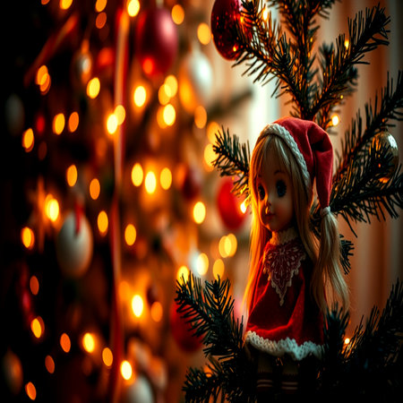 Christmas background with christmas tree and Santa Claus doll on bokeh lights backgroundの写真素材