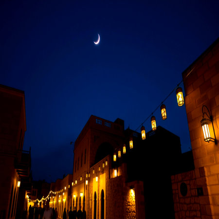 Night view of the mosque and the crescent moon.の写真素材