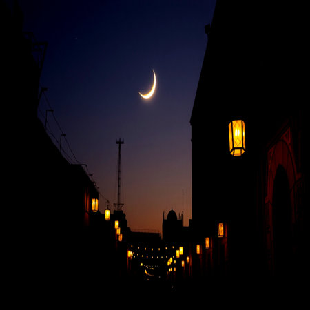 background with mosque and crescent moon at nightの写真素材