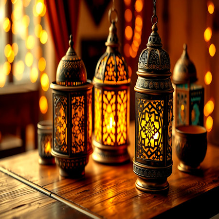 Decorative Arabic lanterns on a wooden table. Ramadan Kareem backgroundの写真素材